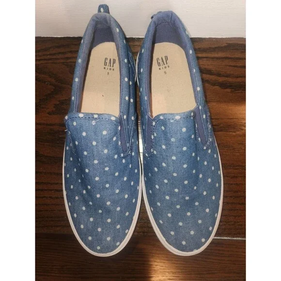 NEW- 2 Pair Lot-GAP Kids Girls Slip-on Sneakers Blue Denim Polka Dot Print-5 & 3 - Picture 15 of 16